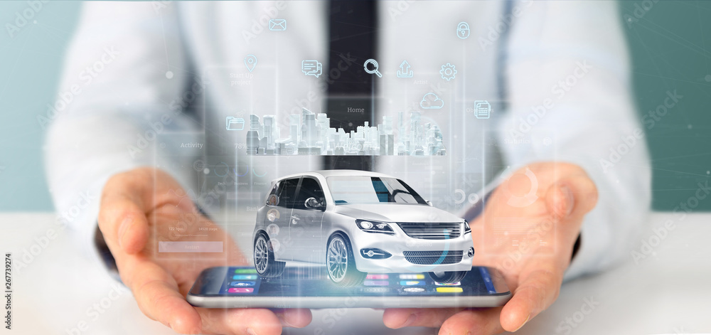 Poster businessman holding dashboard smartcar interface with multimedia icon and city map on a background 3