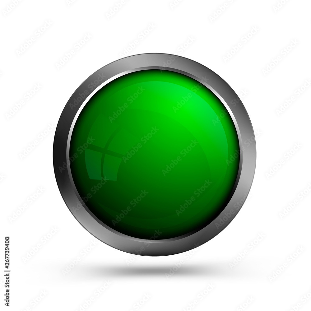 Poster Beautiful glass button in green color. Button is round in shape with metal frame. Design element for web ui and apps.
