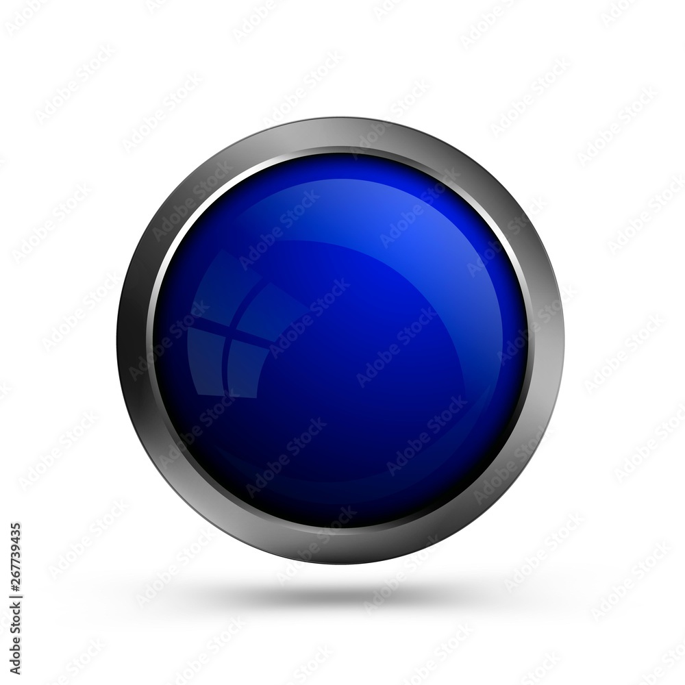Poster Blue trendy glass button round shape. Blank button template for web design, interface design and app.