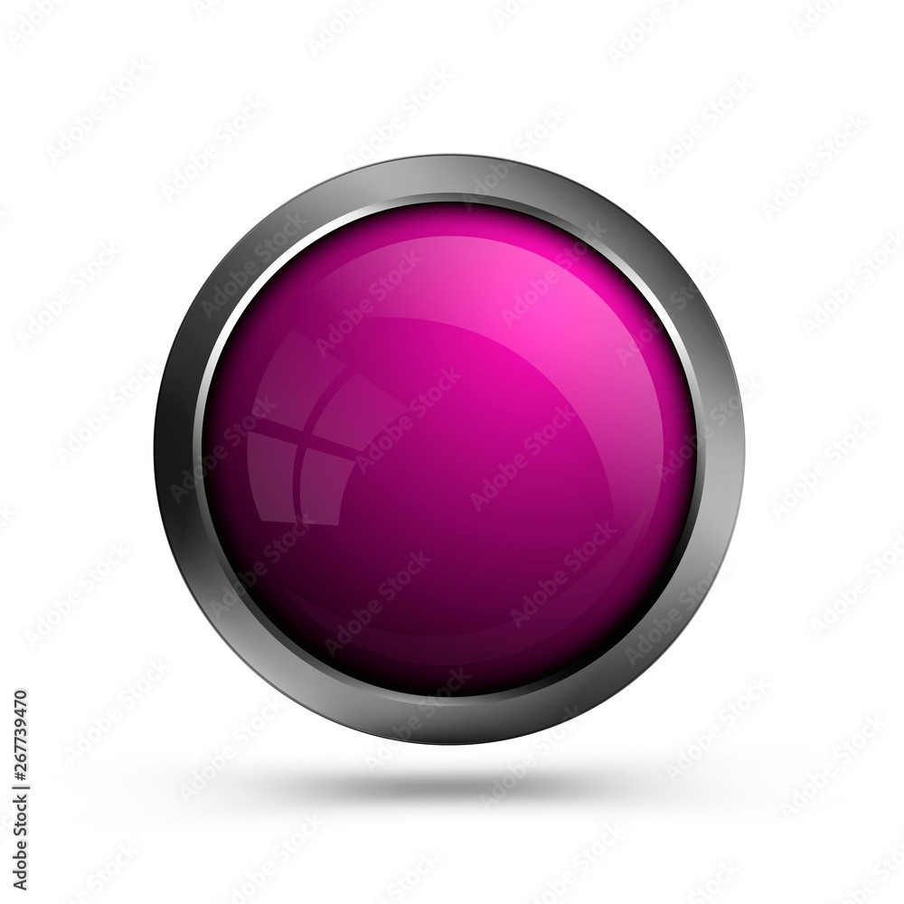 Poster Pink glass round shape button isolated on white background. Blank vector button for ui design, web, app, game and software.
