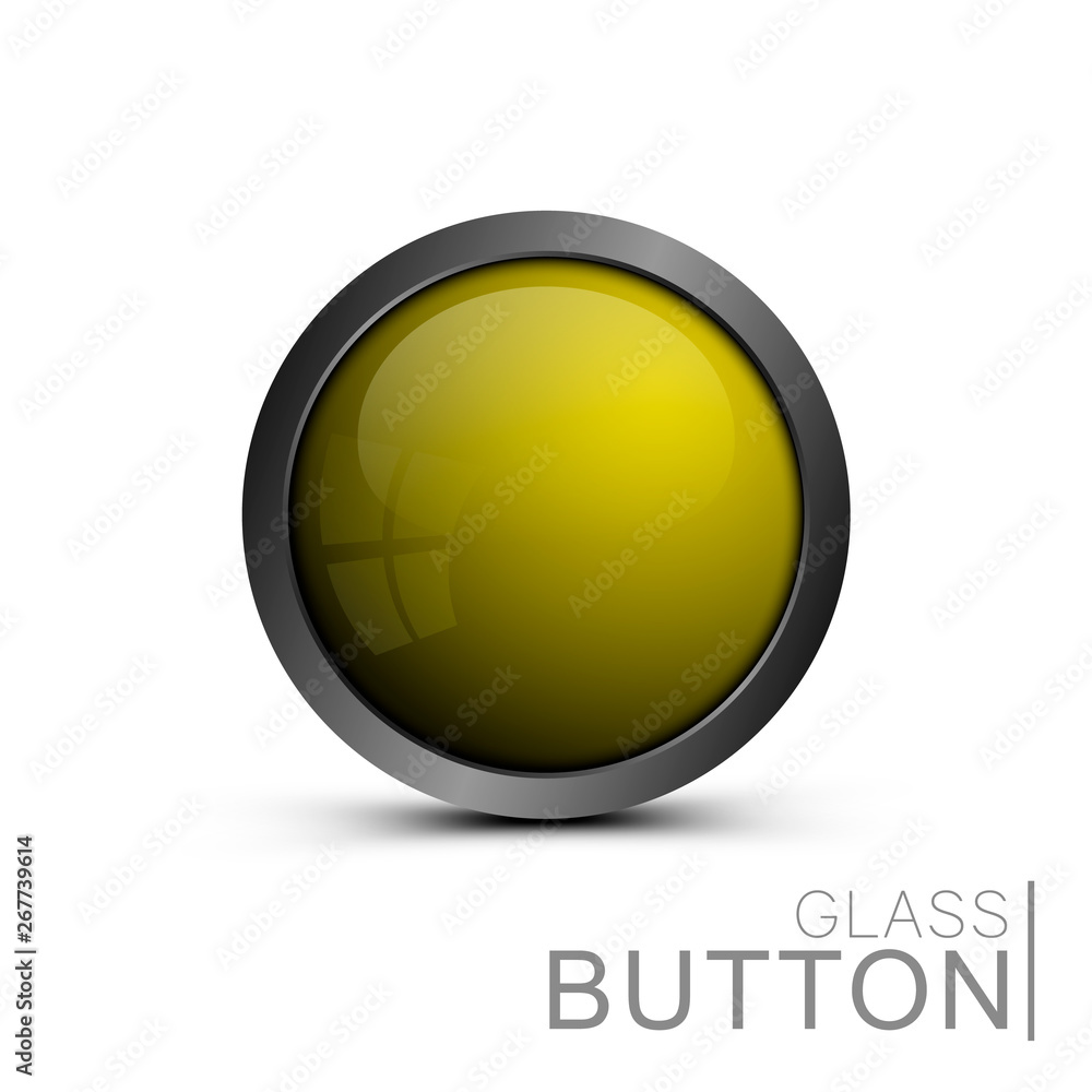 Poster ready made blank glass button template of yellow color isolated on white background, for web design,