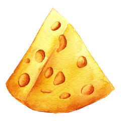 Cheese closeup. Organic eat. Yellow watercolor illustration.