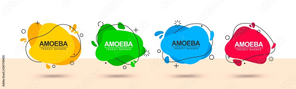 Poster Set of abstract liquid shape banners. Flat geometric shapes in memphis design style. Ready design for use in web and print.