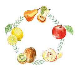 Wreaths watercolor apples, kiwi, lemon, pear. Sweet fruit.