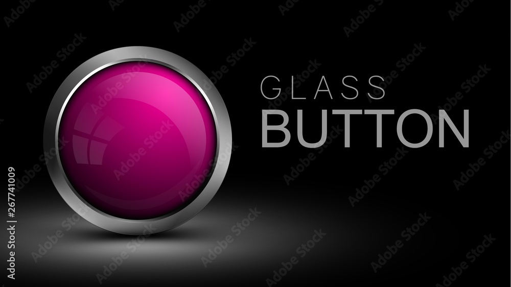 Poster Pink glass round button for software interface. Vector button for web design, apps and games.