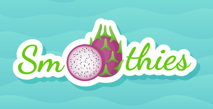 Pitaya sticker fruit smoothie shake logo set vector illustration. Vegetarian smoothies drink label with raw fruit and tag Smoothie for decoration shop sticker, promo discount or sale offer banner