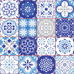 Lisbon Azujelo vector seamless tiles design - Portuguese retro navy blue pattern, tile big collection
