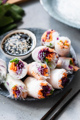 Vietnamese Asian Spring Rolls Or Rice Paper Rolls Stuffed With Red Cabbage, Shrimps, Glass Rice Noodles And Carrot