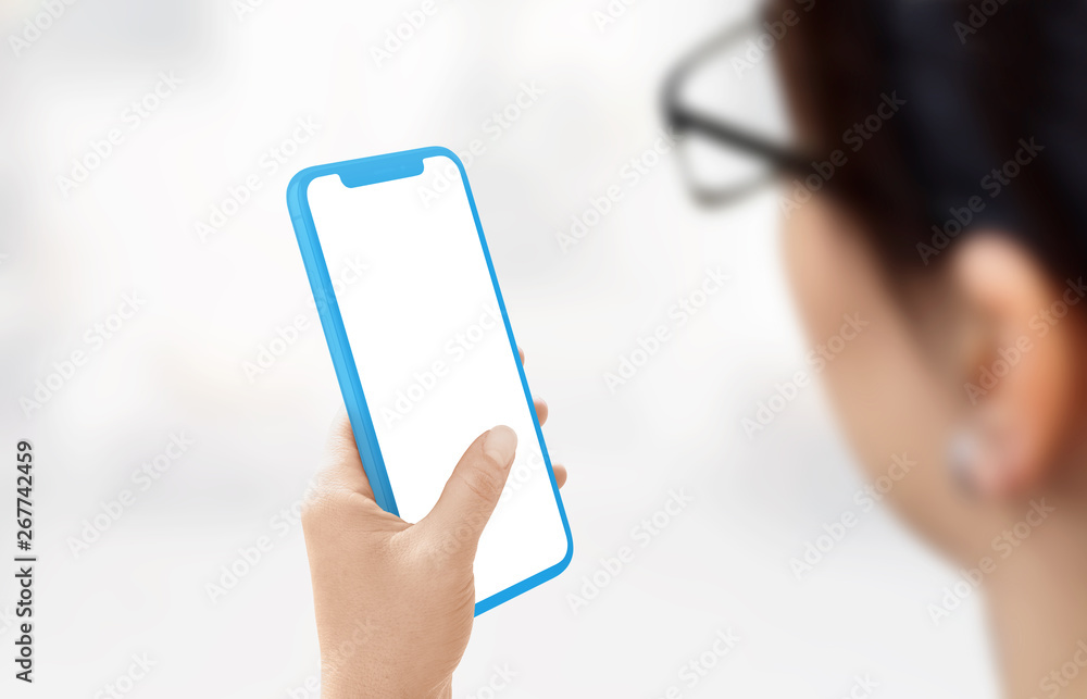 Poster flat phone concept mockup in woman hand. smart phone with thin edges and under display camera.