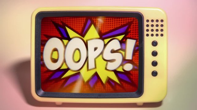 A transmission viewed on a fancy TV screen: a comic strip cartoon animation, with the word Oops appearing; green and halftone background, star shape effect.