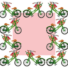 Obraz premium Watercolor hand painted bicycle frame with pink square, green bicycle with picnic basket with the space for text