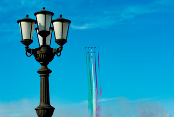 Italian aerobatic team Frecce Tricolori (Tricolor arrows) performs the show with Aermacchi MB-339...