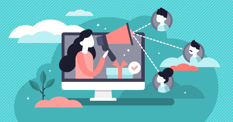 Referral vector illustration. Flat tiny products promotion persons concept.