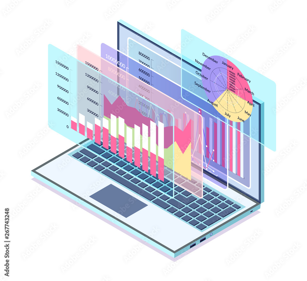 Poster laptop with information about business project vector. isolated isometric 3d icon, analysis of info 