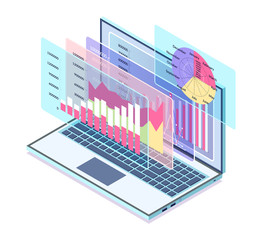Laptop with information about business project vector. Isolated isometric 3d icon, analysis of info and data. Visual representation shown on monitor