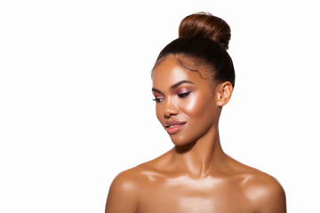 Closeup Beauty Fashion Glamour Portrait African Woman. Glitter Vivid  Pink makeup. High Fashion...