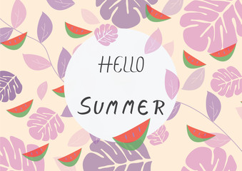 Fototapeta na wymiar Hello Summer background,Vocation Holiday with tropical Leaves and Watermelon pattern. Design logo greeting card vector illustration