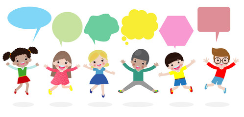 Kids jumping on the park, children jump with joy, happy cartoon child playing on the playground, isolated on white background Vector Illustration