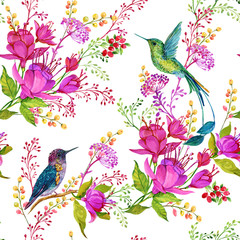 Seamless pattern for fabric,exotic hummingbirds and flowers