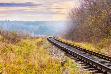 Fototapeta na wymiar The railroad runs through the forest with colorful autumn trees_