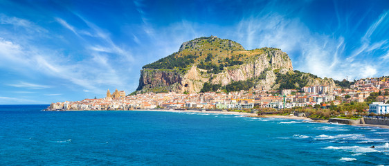 Panoramic view of Cefalu, Tyrrhenian coast of Sicily, Italy.