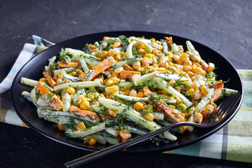 tasty cucumber corn cheese salad, top view
