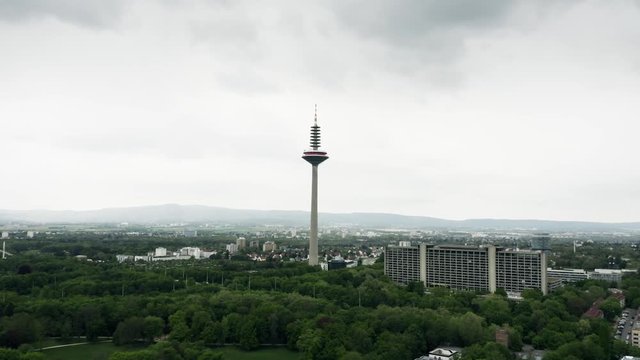 Aerial view of a telecommunications tower in Frankfurt am Main, Germany