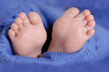 Close up of newborn baby feet. Baby. Cozy. Family