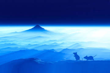 富士山の夜明けとネズミのシルエット