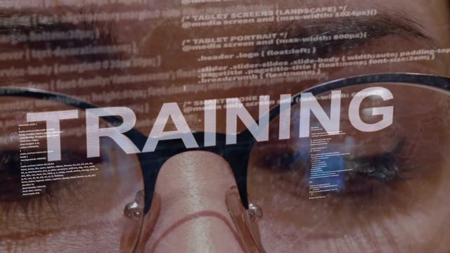 Training text on the background of female software developer. Eyes of woman with glasses are looking at programming network code space abstract technologies connecting global data network