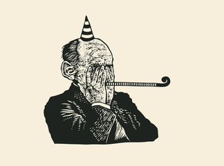 An old wrinkled man celebrates his anniversary or retirement. retro linocut engraving style. vector illustration.