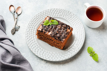 A piece of truffle cake with chocolate on a gray concrete background.