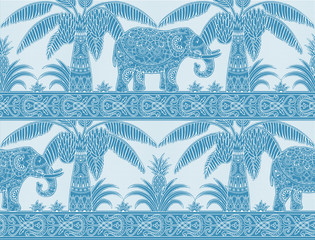 Monochrome blue Palm tree and elephant seamles pattern in ethnic retro style - 267745846