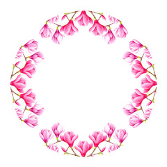 Watercolor pink magnolia flowers round frame. Hand painted illustration for wedding, invitations, greeting cards, banners, sales, save the date