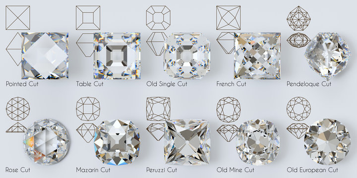 Old diamond cuts, outlines, titles on white background
