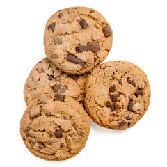 Chocolate chip cookies isolated on white background. Sweet Homemade pastry close up. Top view