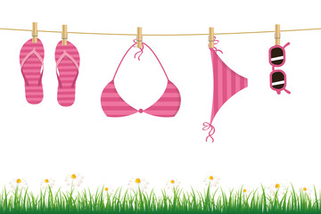 pink hanging flip flop bikini and sunglasses on a rope daisy flower and grass on white background vector illustration EPS10