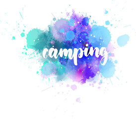 Fototapeta premium Camping lettering text on watercolor paint splash