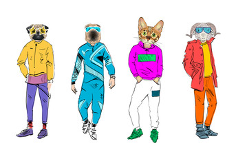 Different fashion models with animal heads set. Modern clothes. Template sketch vector illustration. 