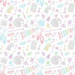 Repeating seamless pattern with objects for kids creative activity in flat style. Suitable for wallpaper, wrapping or textile