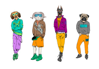 Different fashion models with animal heads set. Modern clothes. Template sketch vector illustration. 