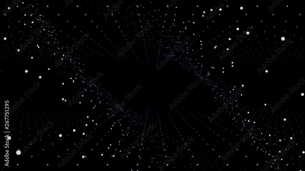 Poster abstract 3d animated background of many golden and white small circels moving and rotating on black 