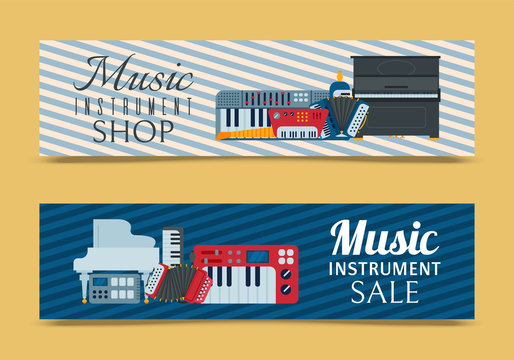 Music keyboard instrument playing synthesizer equipment banner design vector illustration. Harmony performance entertainment electric piano poster. Instrumental song orchestra guitar