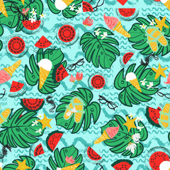 Tropical summer vacation background, vintage retro beach and relaxation seamless vector pattern.