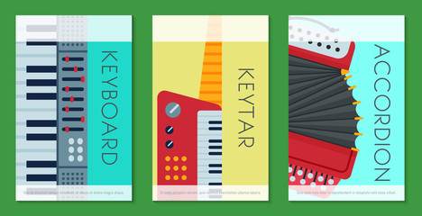 Music keyboard instrument playing synthesizer equipment cards design vector illustration. Harmony performance entertainment electric piano poster. Instrumental song orchestra guitar © Vectorwonderland