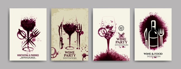 Collection of templates with wine designs, illustration of wine glasses with spots and food symbols. Brochures, posters, invitations, promotional banners, menus. Vector illustration