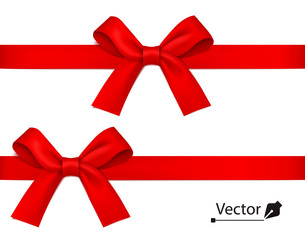 Red realistic gift bow with horizontal ribbon. Vector holiday design element for banner, greeting card, poster. 