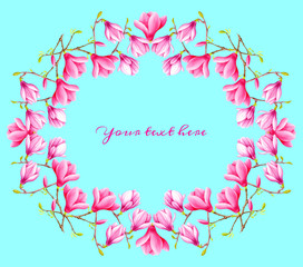 Watercolor pink magnolia flowers frame. Hand painted wreath border template for wedding design, invitations, save the date, greeting cards, banners