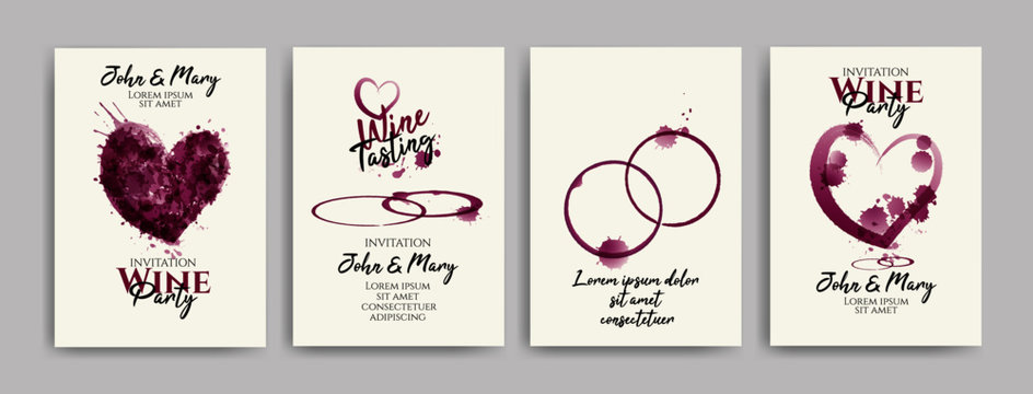 Collection Of Wine Designs For Wedding Parties, Bridal Shower Party, Celebrations. Shapes Of Hearts And Rings With Wine Stains. Invitations, Cards, Web Banners. Vector Illustration