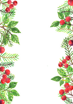 Abstract Christmas leaves and red berries watercolor hand painting for decoration on Christmas holiday festival.